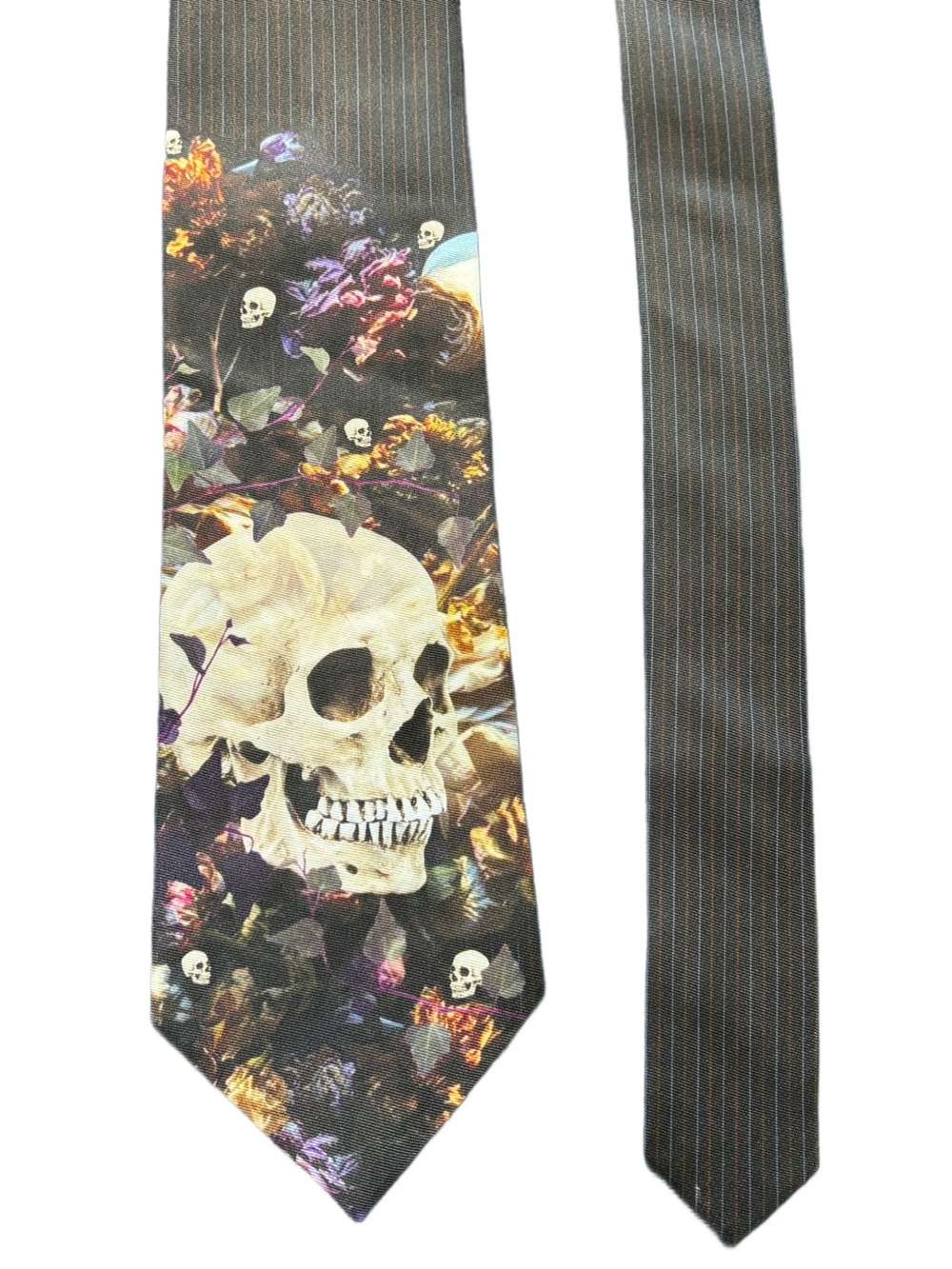 THREE ROOKER Vintage Floral Skull Black White etc 100% Polyester Tie